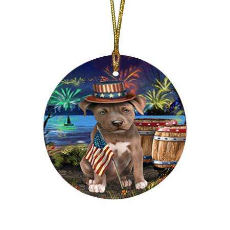 4th of July Independence Day Fireworks Pit bull Dog at the Lake Round Flat Christmas Ornament RFPOR51191