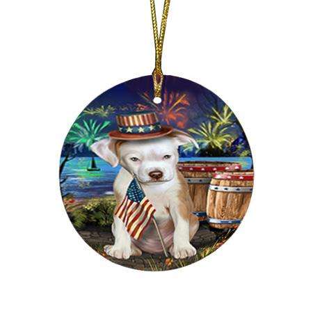 4th of July Independence Day Fireworks Pit bull Dog at the Lake Round Flat Christmas Ornament RFPOR51192