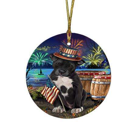 4th of July Independence Day Fireworks Pit bull Dog at the Lake Round Flat Christmas Ornament RFPOR51193