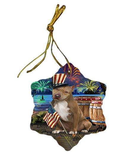 4th of July Independence Day Fireworks Pit bull Dog at the Lake Star Porcelain Ornament SPOR51190