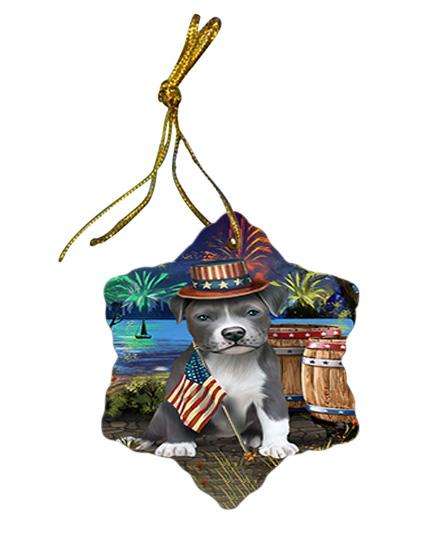 4th of July Independence Day Fireworks Pit bull Dog at the Lake Star Porcelain Ornament SPOR51191