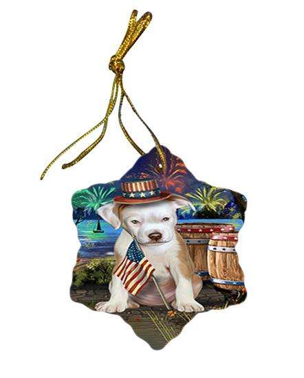4th of July Independence Day Fireworks Pit bull Dog at the Lake Star Porcelain Ornament SPOR51193