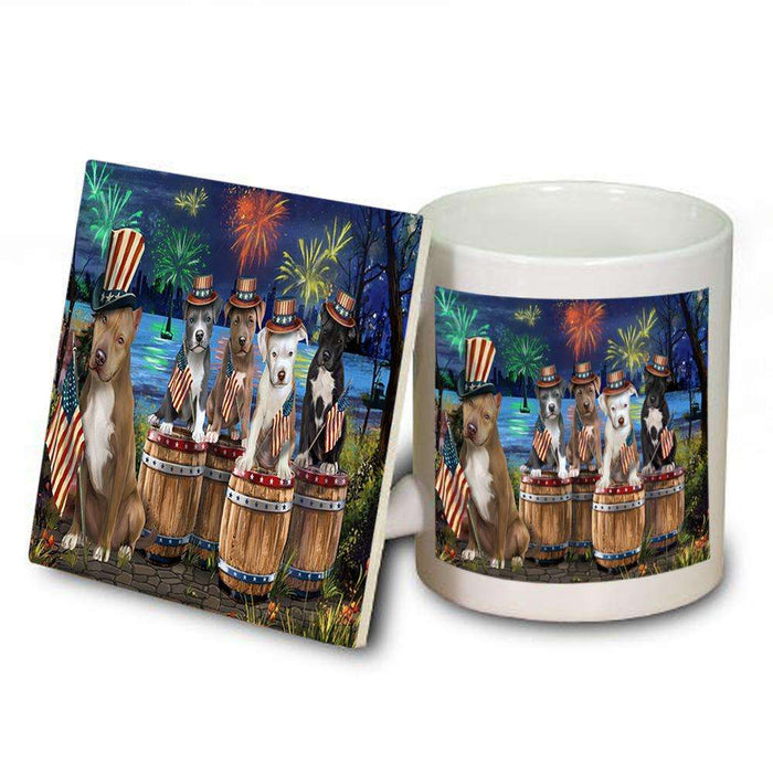 4th of July Independence Day Fireworks Pit Bulls at the Lake Mug and Coaster Set MUC51038