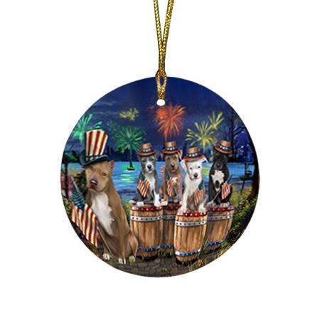 4th of July Independence Day Fireworks Pit Bulls at the Lake Round Flat Christmas Ornament RFPOR51037
