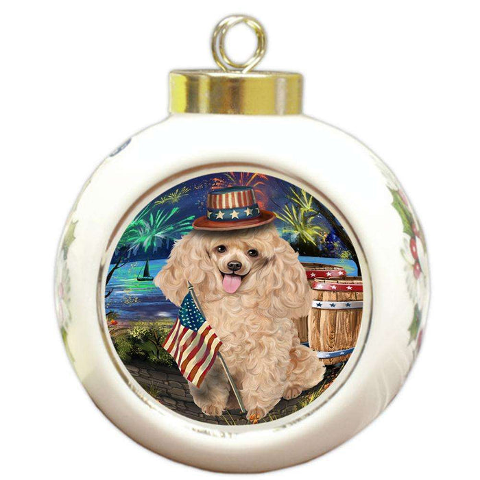 4th of July Independence Day Fireworks Poodle Dog at the Lake Round Ball Christmas Ornament RBPOR51205