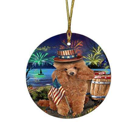 4th of July Independence Day Fireworks Poodle Dog at the Lake Round Flat Christmas Ornament RFPOR51195