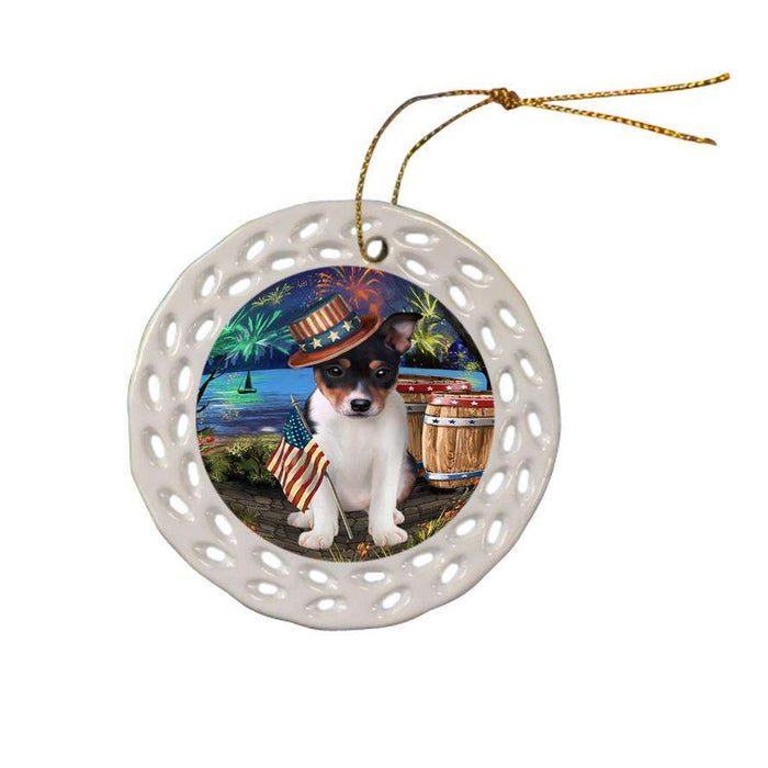 4th of July Independence Day Fireworks Rat Terrier Dog at the Lake Ceramic Doily Ornament DPOR50987