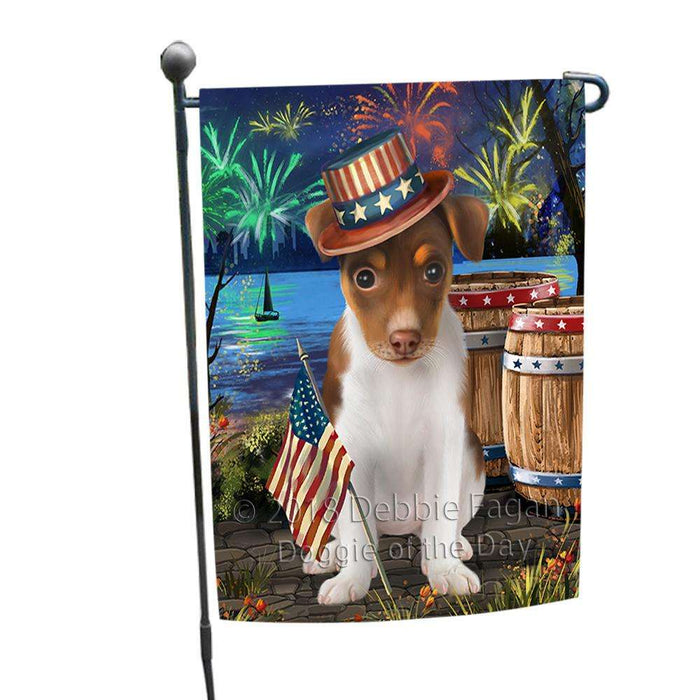 4th of July Independence Day Fireworks  Rat Terrier Dog at the Lake Garden Flag GFLG50911