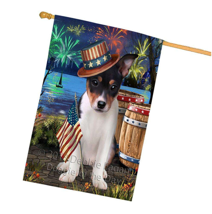 4th of July Independence Day Fireworks  Rat Terrier Dog at the Lake House Flag FLG51045