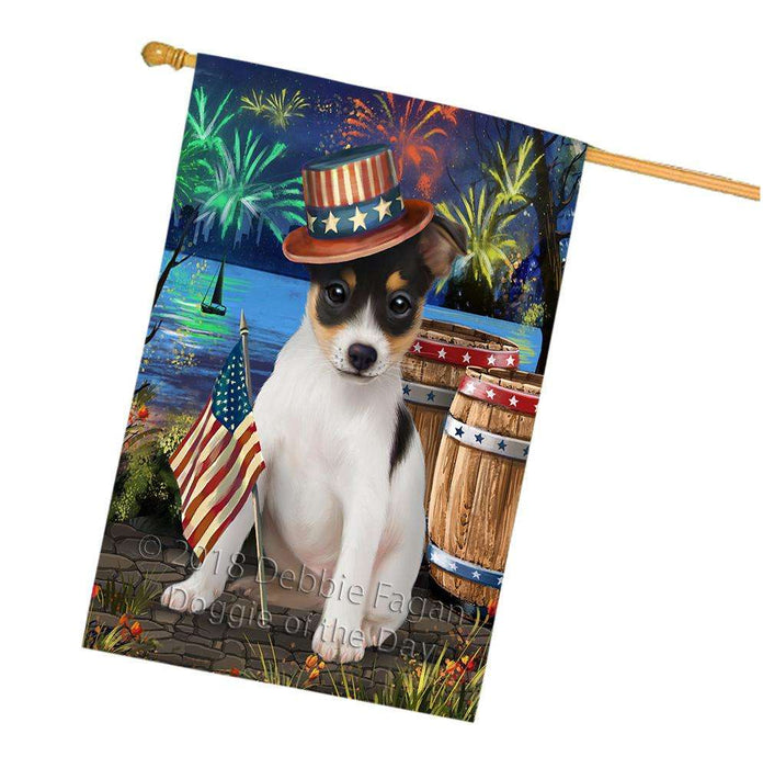 4th of July Independence Day Fireworks  Rat Terrier Dog at the Lake House Flag FLG51046