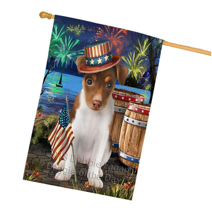 4th of July Independence Day Fireworks  Rat Terrier Dog at the Lake House Flag FLG51047