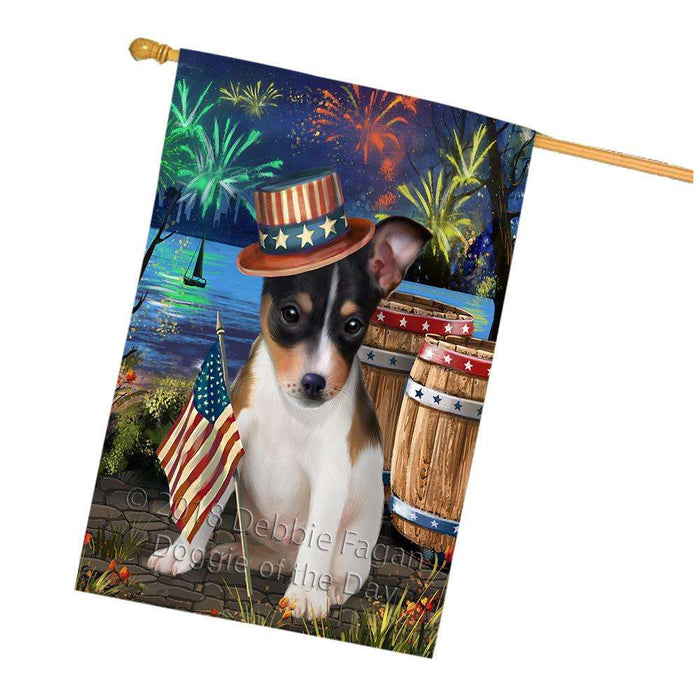 4th of July Independence Day Fireworks  Rat Terrier Dog at the Lake House Flag FLG51048