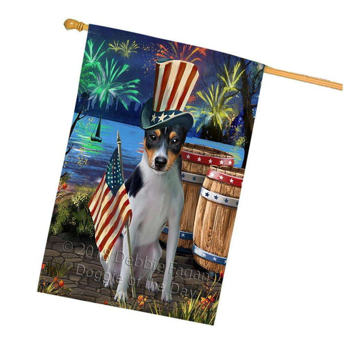 4th of July Independence Day Fireworks  Rat Terrier Dog at the Lake House Flag FLG51049