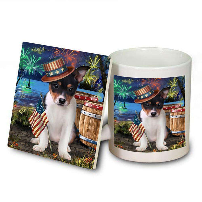 4th of July Independence Day Fireworks Rat Terrier Dog at the Lake Mug and Coaster Set MUC50979