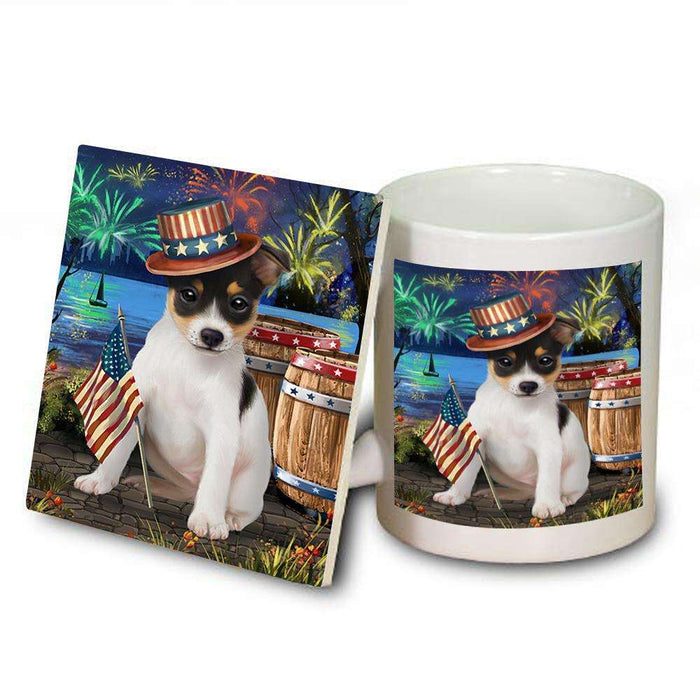 4th of July Independence Day Fireworks Rat Terrier Dog at the Lake Mug and Coaster Set MUC50980