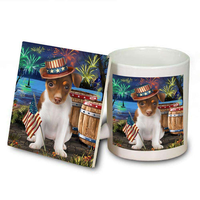 4th of July Independence Day Fireworks Rat Terrier Dog at the Lake Mug and Coaster Set MUC50981