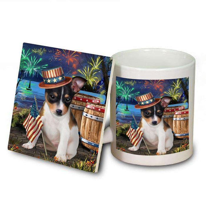 4th of July Independence Day Fireworks Rat Terrier Dog at the Lake Mug and Coaster Set MUC50982