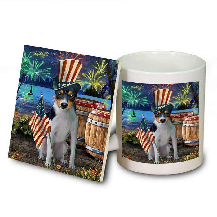 4th of July Independence Day Fireworks Rat Terrier Dog at the Lake Mug and Coaster Set MUC50983