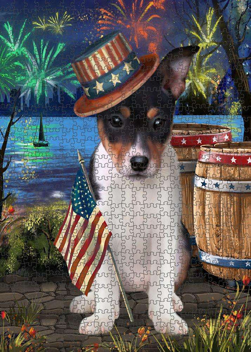 4th of July Independence Day Fireworks Rat Terrier Dog at the Lake Puzzle with Photo Tin PUZL56823
