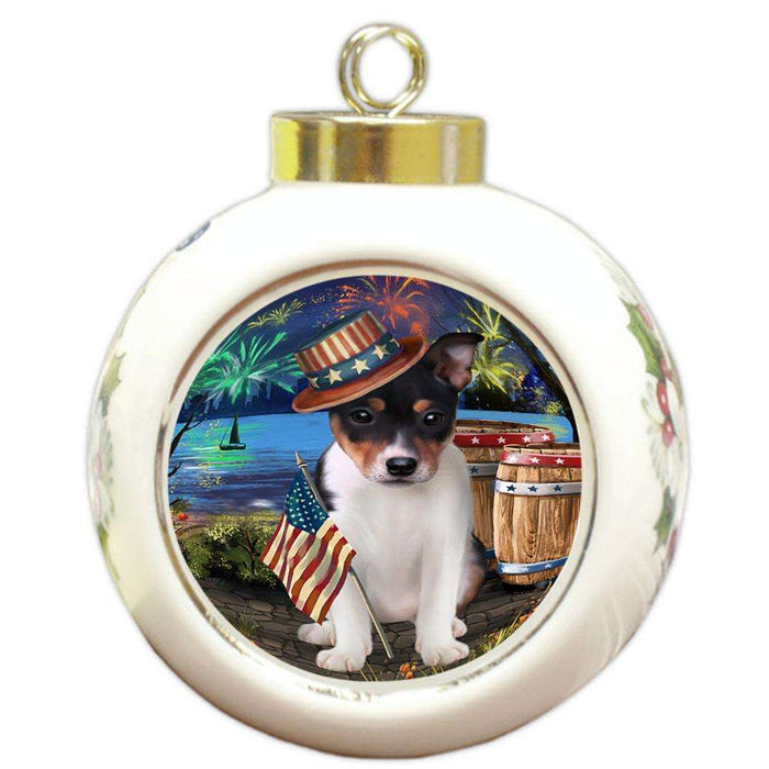 4th of July Independence Day Fireworks Rat Terrier Dog at the Lake Round Ball Christmas Ornament RBPOR50987