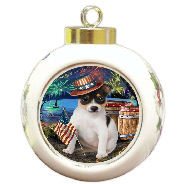 4th of July Independence Day Fireworks Rat Terrier Dog at the Lake Round Ball Christmas Ornament RBPOR50988