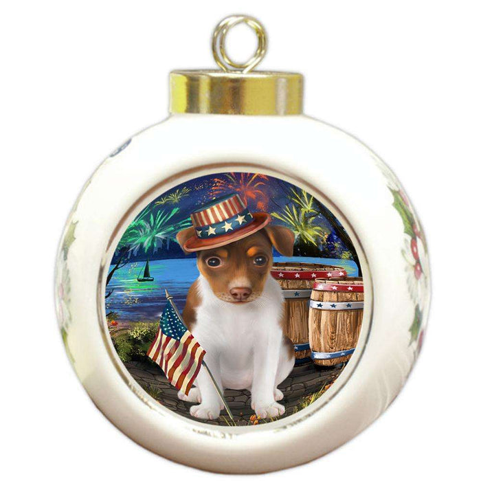 4th of July Independence Day Fireworks Rat Terrier Dog at the Lake Round Ball Christmas Ornament RBPOR50989