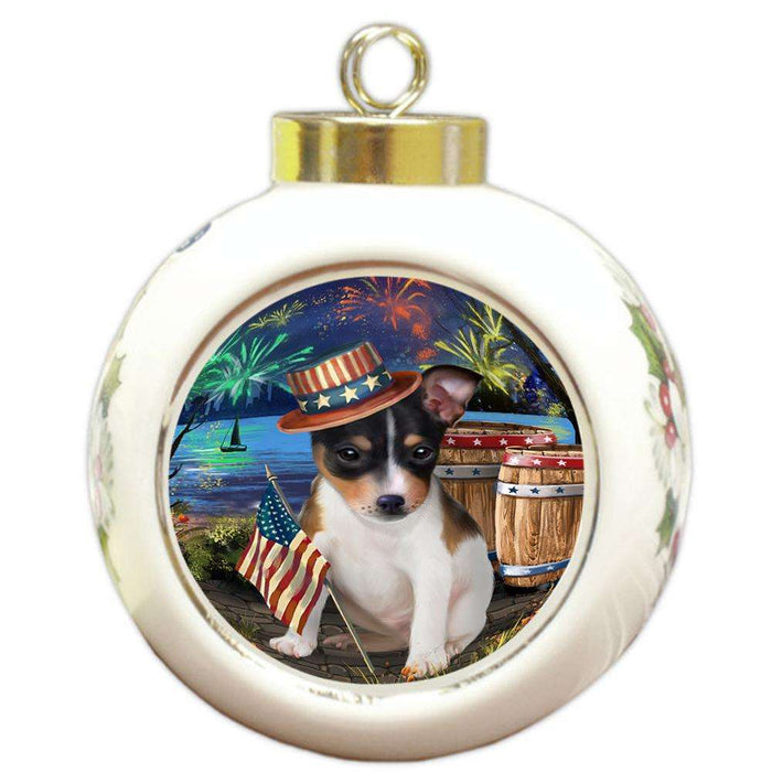 4th of July Independence Day Fireworks Rat Terrier Dog at the Lake Round Ball Christmas Ornament RBPOR50990