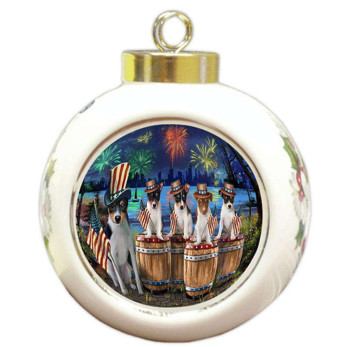 4th of July Independence Day Fireworks Rat Terriers at the Lake Round Ball Christmas Ornament RBPOR51048