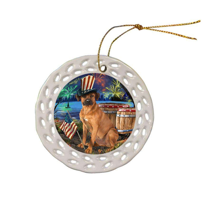 4th of July Independence Day Fireworks Rhodesian Ridgeback Dog at the Lake Ceramic Doily Ornament DPOR51208