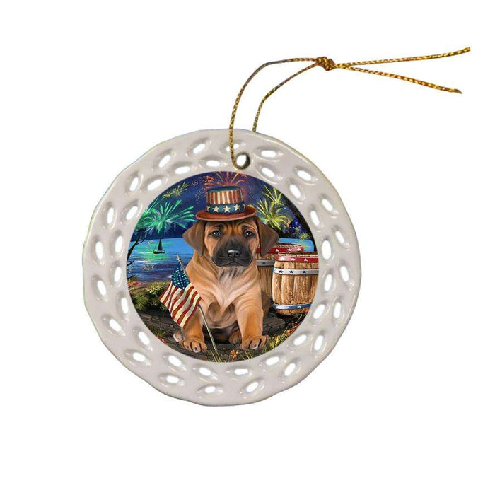 4th of July Independence Day Fireworks Rhodesian Ridgeback Dog at the Lake Ceramic Doily Ornament DPOR51210