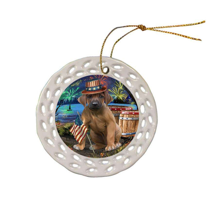 4th of July Independence Day Fireworks Rhodesian Ridgeback Dog at the Lake Ceramic Doily Ornament DPOR51211