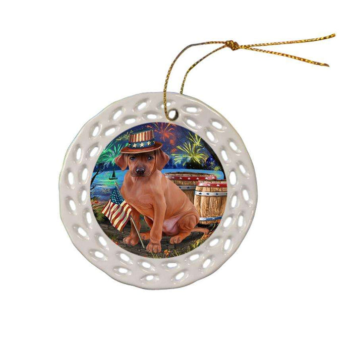 4th of July Independence Day Fireworks Rhodesian Ridgeback Dog at the Lake Ceramic Doily Ornament DPOR51212