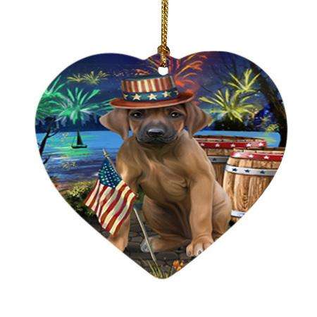 4th of July Independence Day Fireworks Rhodesian Ridgeback Dog at the Lake Heart Christmas Ornament HPOR51211