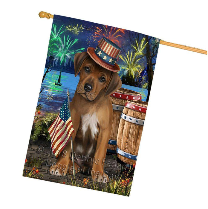 4th of July Independence Day Fireworks Rhodesian Ridgeback Dog at the Lake House Flag FLG51267