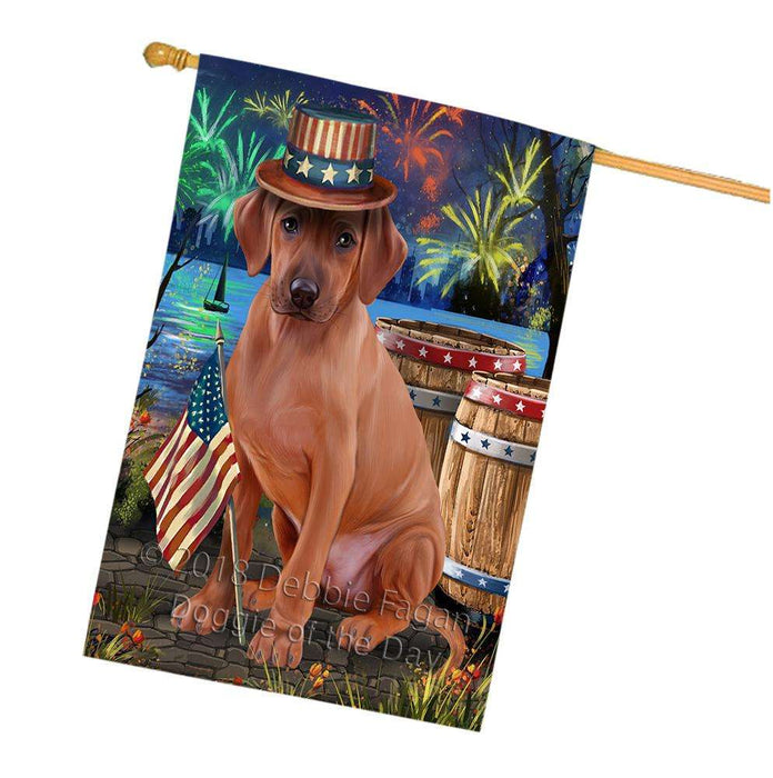 4th of July Independence Day Fireworks Rhodesian Ridgeback Dog at the Lake House Flag FLG51270