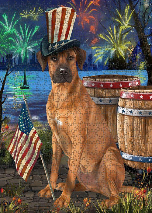 4th of July Independence Day Fireworks Rhodesian Ridgeback Dog at the Lake Puzzle with Photo Tin PUZL57486