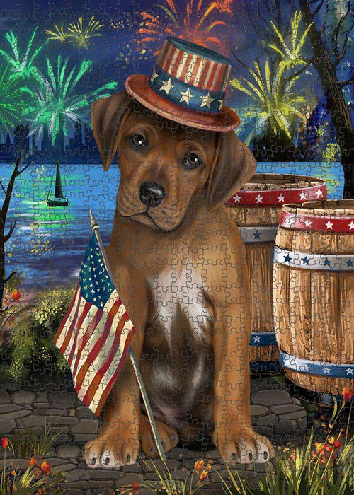 4th of July Independence Day Fireworks Rhodesian Ridgeback Dog at the Lake Puzzle with Photo Tin PUZL57489