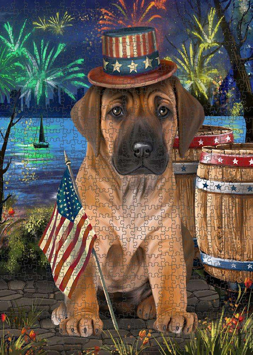 4th of July Independence Day Fireworks Rhodesian Ridgeback Dog at the Lake Puzzle with Photo Tin PUZL57492