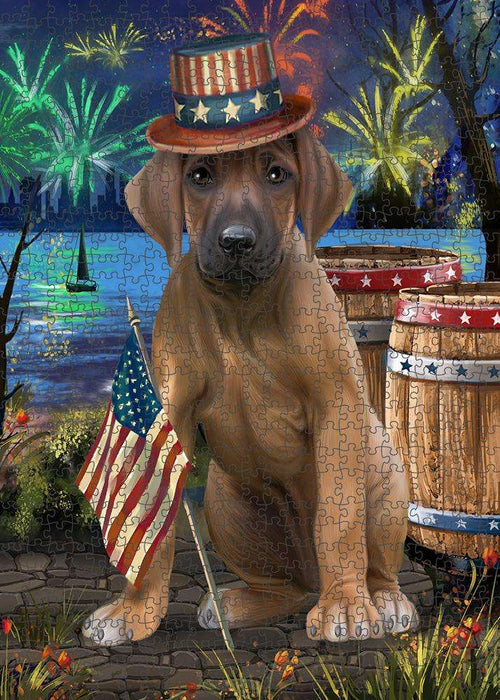 4th of July Independence Day Fireworks Rhodesian Ridgeback Dog at the Lake Puzzle with Photo Tin PUZL57495