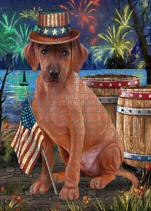 4th of July Independence Day Fireworks Rhodesian Ridgeback Dog at the Lake Puzzle with Photo Tin PUZL57498
