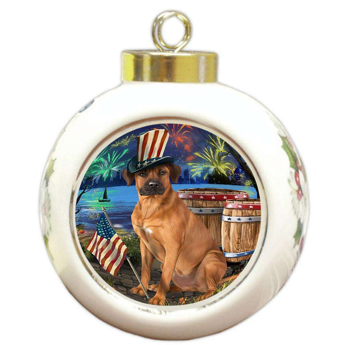 4th of July Independence Day Fireworks Rhodesian Ridgeback Dog at the Lake Round Ball Christmas Ornament RBPOR51208