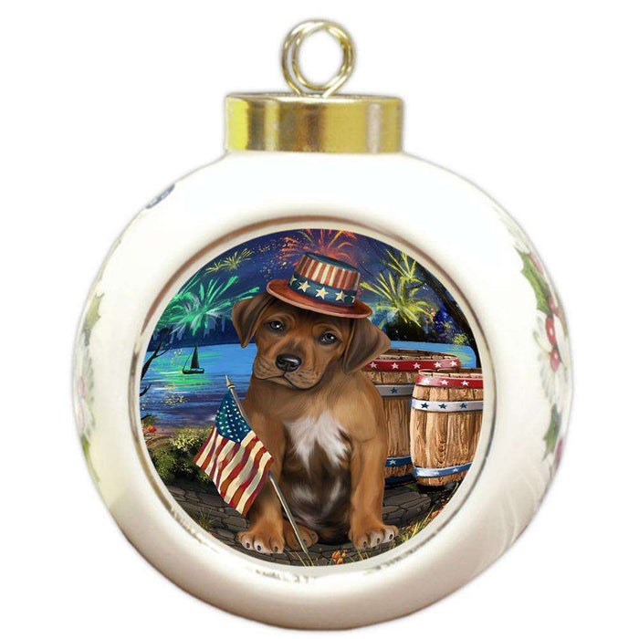 4th of July Independence Day Fireworks Rhodesian Ridgeback Dog at the Lake Round Ball Christmas Ornament RBPOR51209