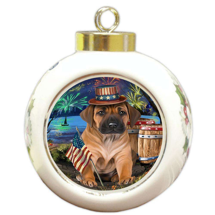 4th of July Independence Day Fireworks Rhodesian Ridgeback Dog at the Lake Round Ball Christmas Ornament RBPOR51210