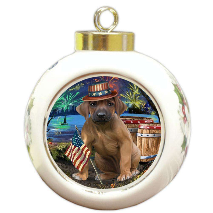4th of July Independence Day Fireworks Rhodesian Ridgeback Dog at the Lake Round Ball Christmas Ornament RBPOR51211