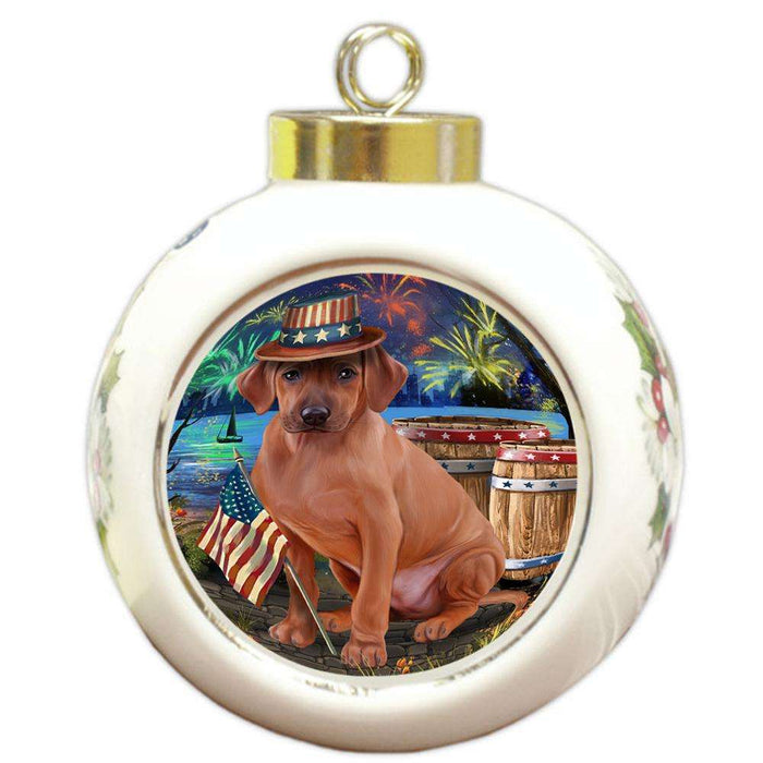 4th of July Independence Day Fireworks Rhodesian Ridgeback Dog at the Lake Round Ball Christmas Ornament RBPOR51212