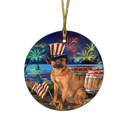 4th of July Independence Day Fireworks Rhodesian Ridgeback Dog at the Lake Round Flat Christmas Ornament RFPOR51199