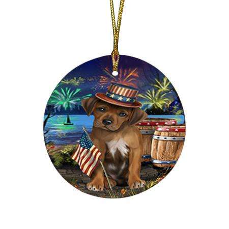4th of July Independence Day Fireworks Rhodesian Ridgeback Dog at the Lake Round Flat Christmas Ornament RFPOR51200