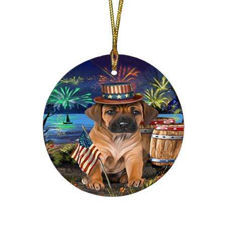 4th of July Independence Day Fireworks Rhodesian Ridgeback Dog at the Lake Round Flat Christmas Ornament RFPOR51201