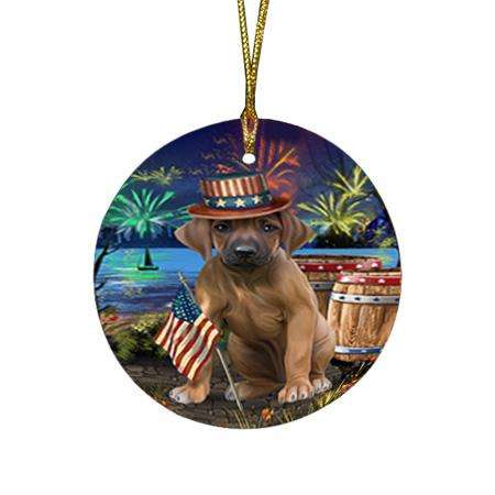 4th of July Independence Day Fireworks Rhodesian Ridgeback Dog at the Lake Round Flat Christmas Ornament RFPOR51202