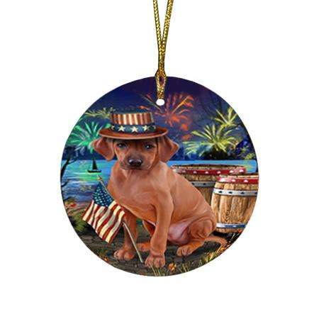 4th of July Independence Day Fireworks Rhodesian Ridgeback Dog at the Lake Round Flat Christmas Ornament RFPOR51203